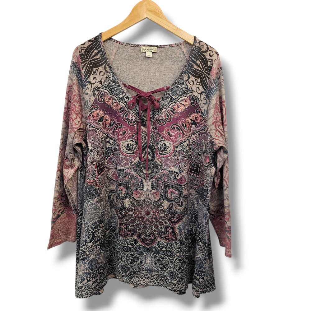 One World Top 1X Women Mauve Paisley Lace Up Boho Peasant Whimsy Earthy Cottage